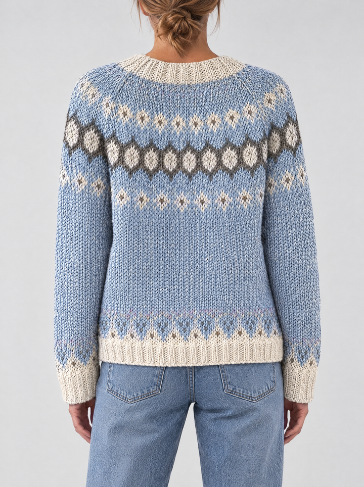 Mira fair isle knit sweater, back view, light blue