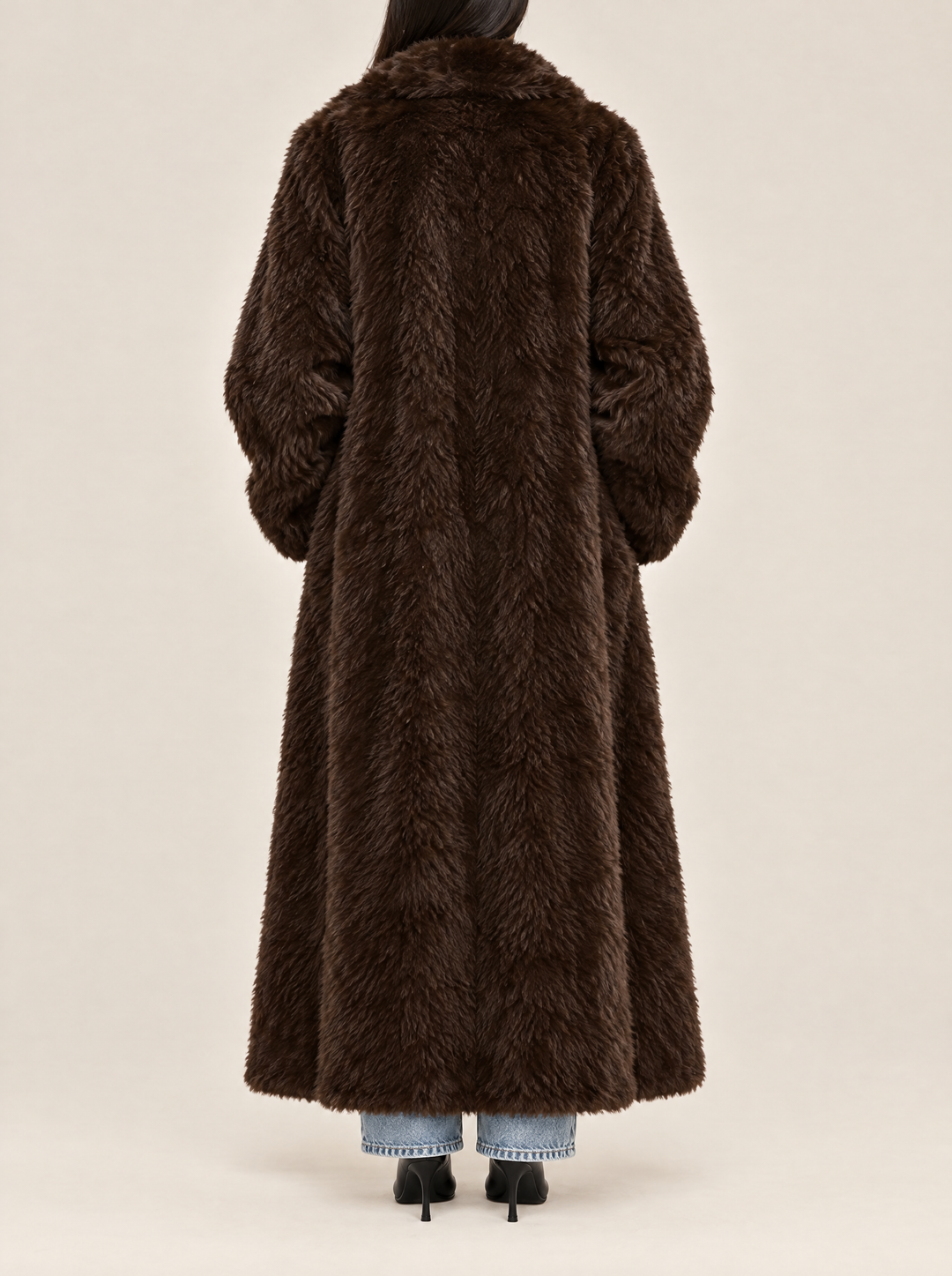 Margot long faux fur coat, back view, dark brown
