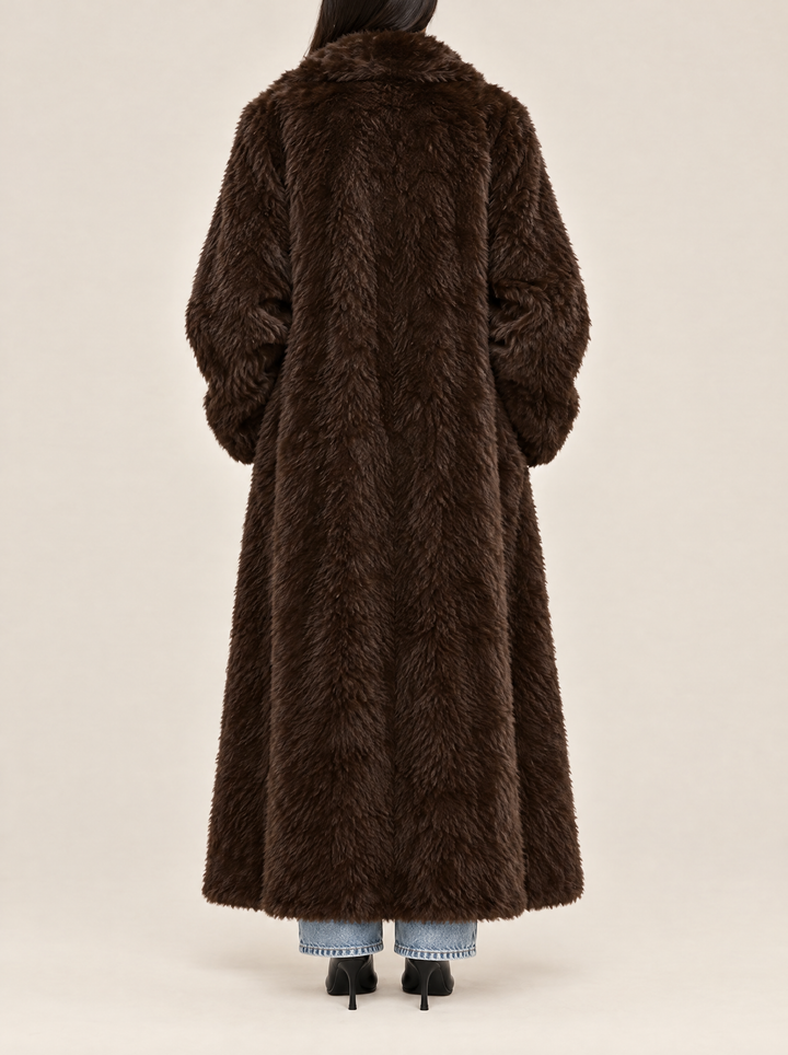 Margot long faux fur coat, back view, dark brown