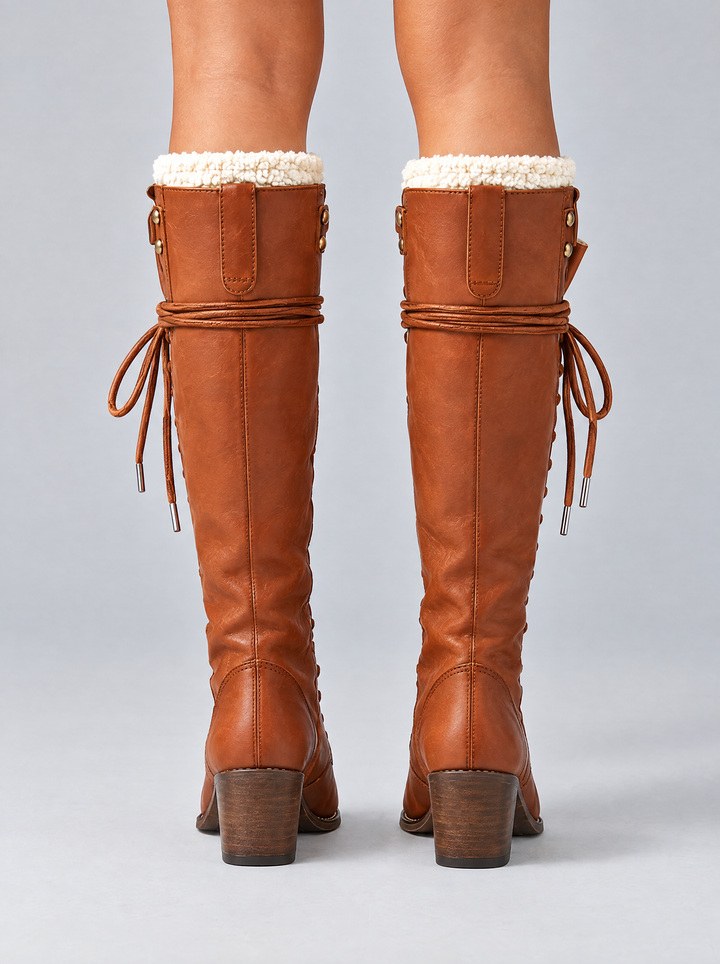 Ruby lace up knee high boots, back view, cognac