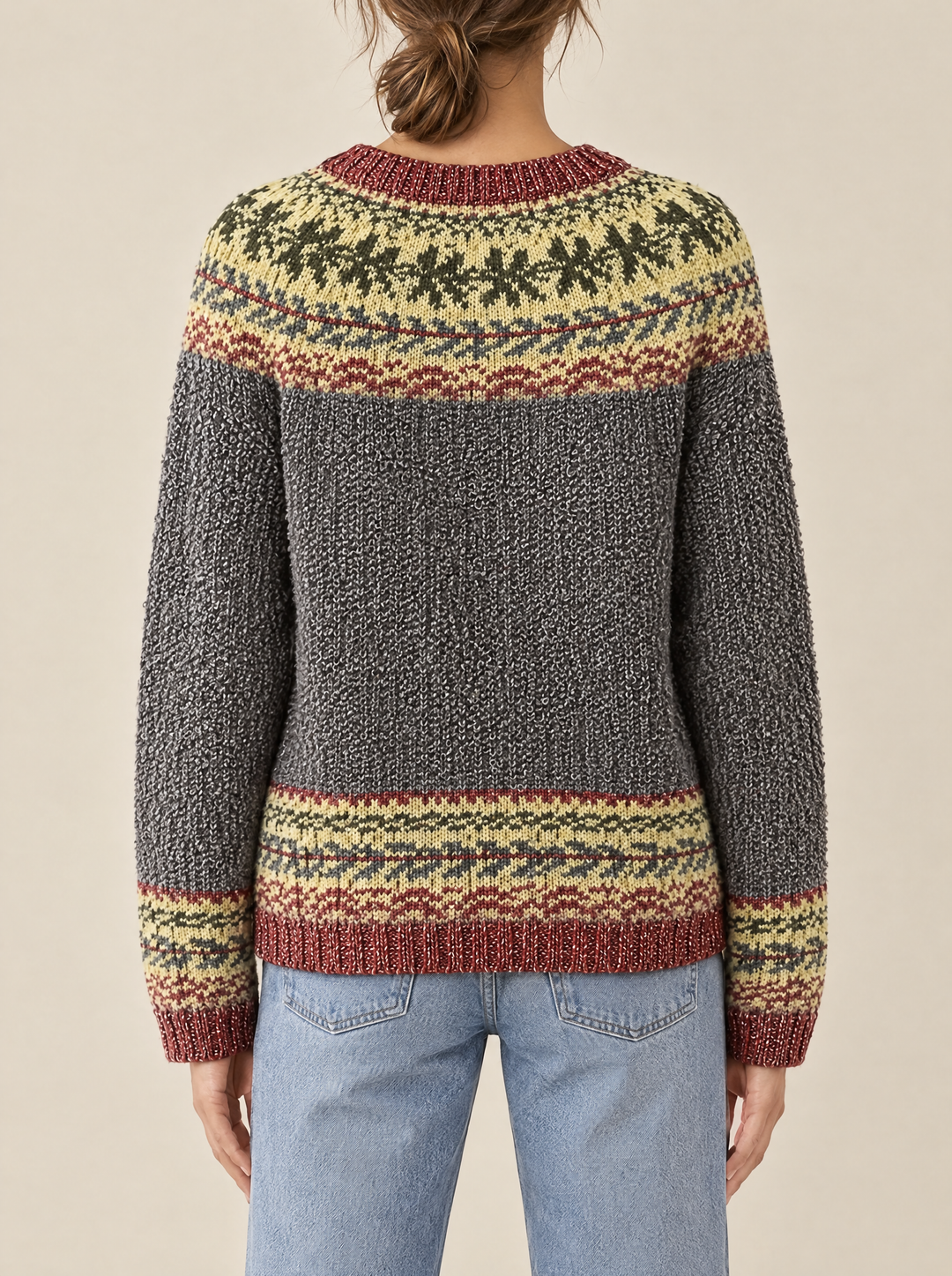 Silvia fair isle sweater, back view, gray/floral