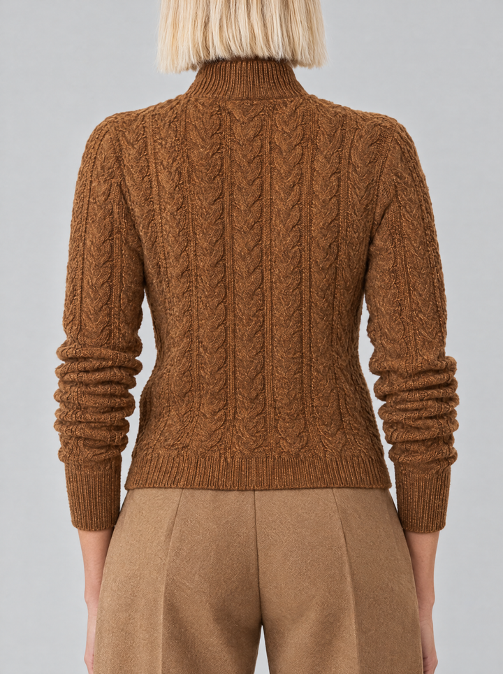 Arden cable knit sweater, back view, rust