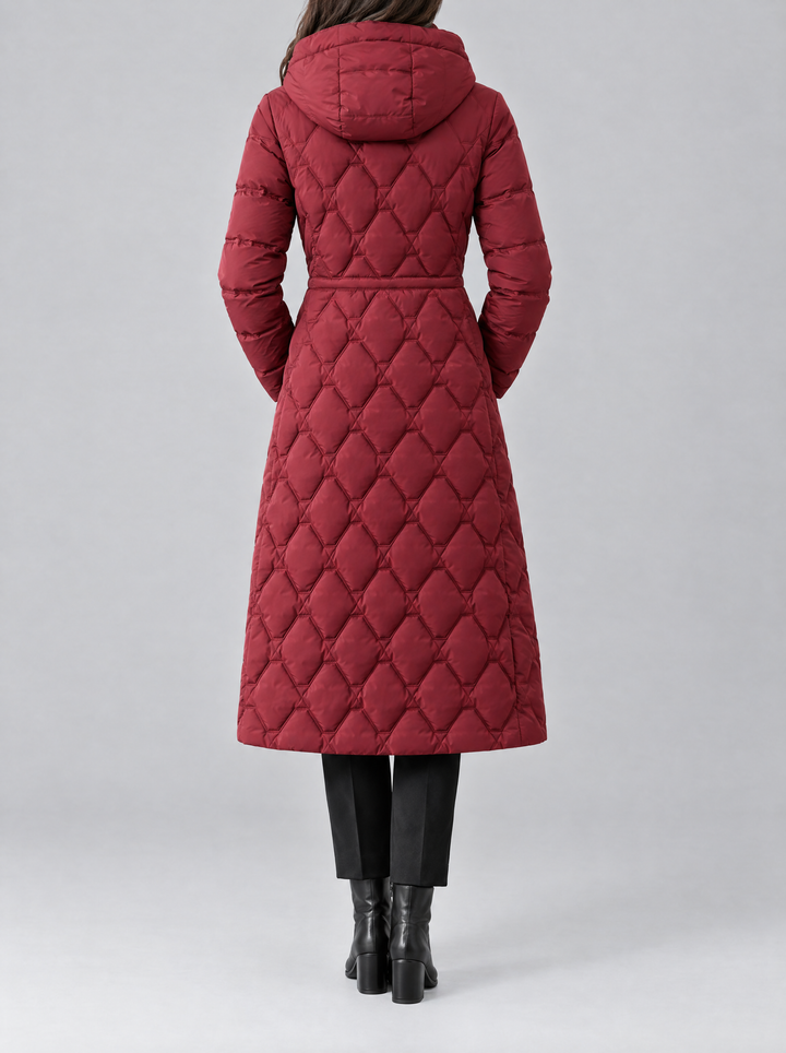 Lily hooded quilted coat, back view, burgundy