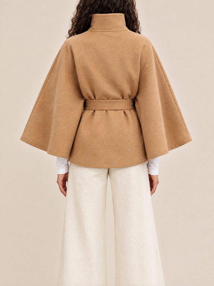 Bianca cape coat with high collar, khaki, back view