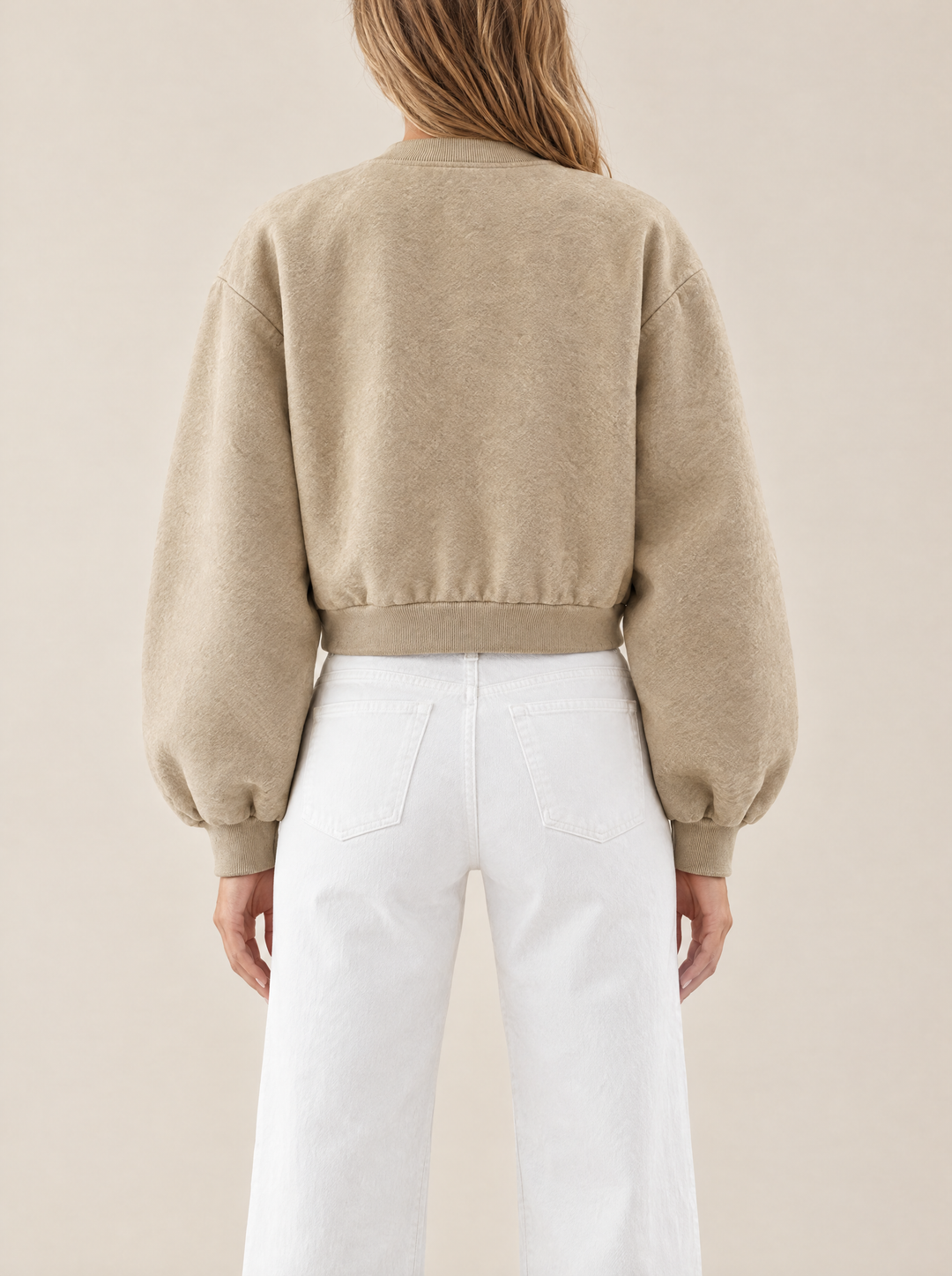 Quinn collarless bomber jacket, khaki, back view
