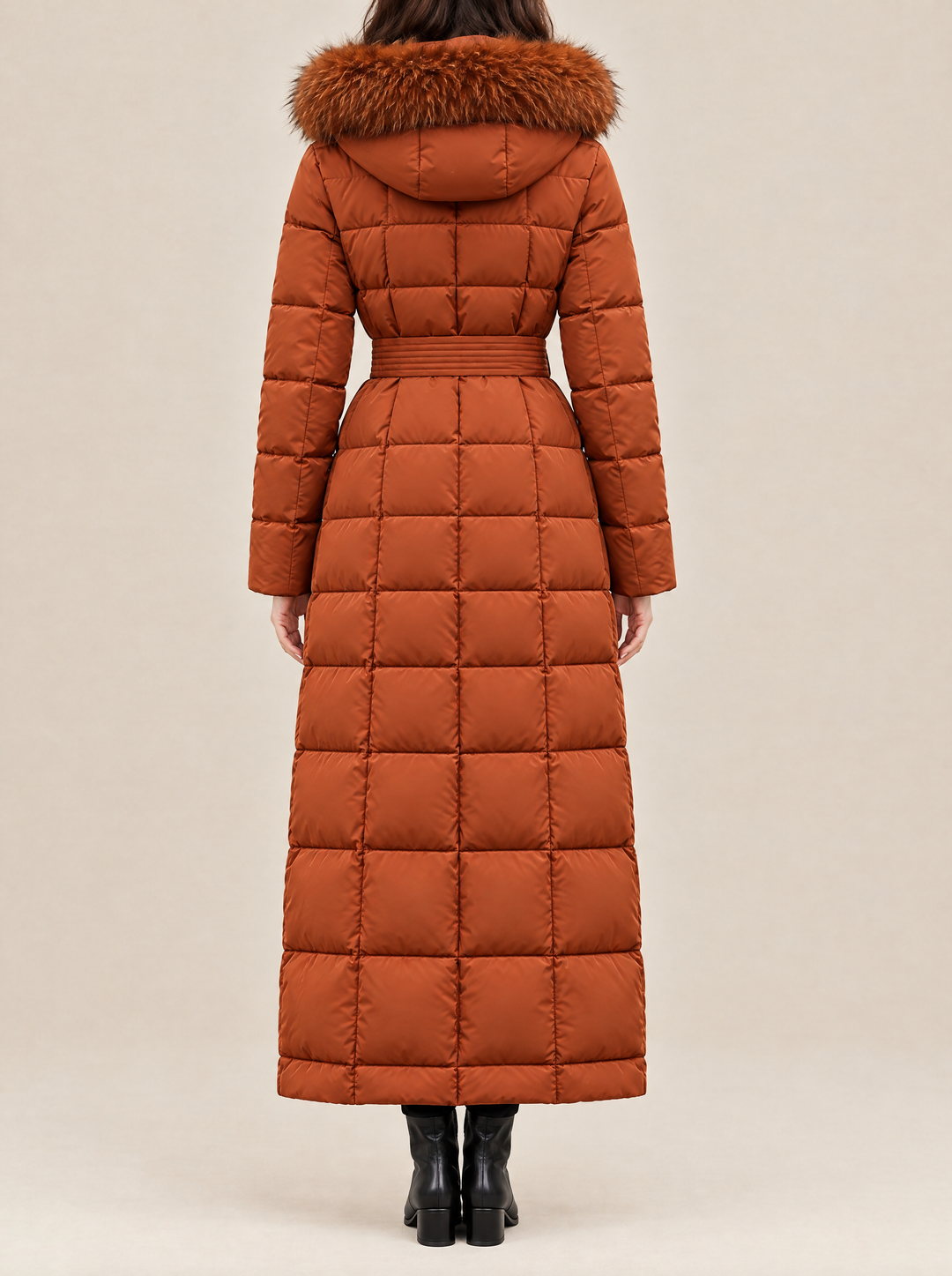 Greta long belted puffer coat, back view, rust