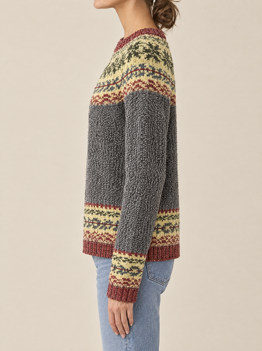 Silvia fair isle sweater, side view, gray/floral