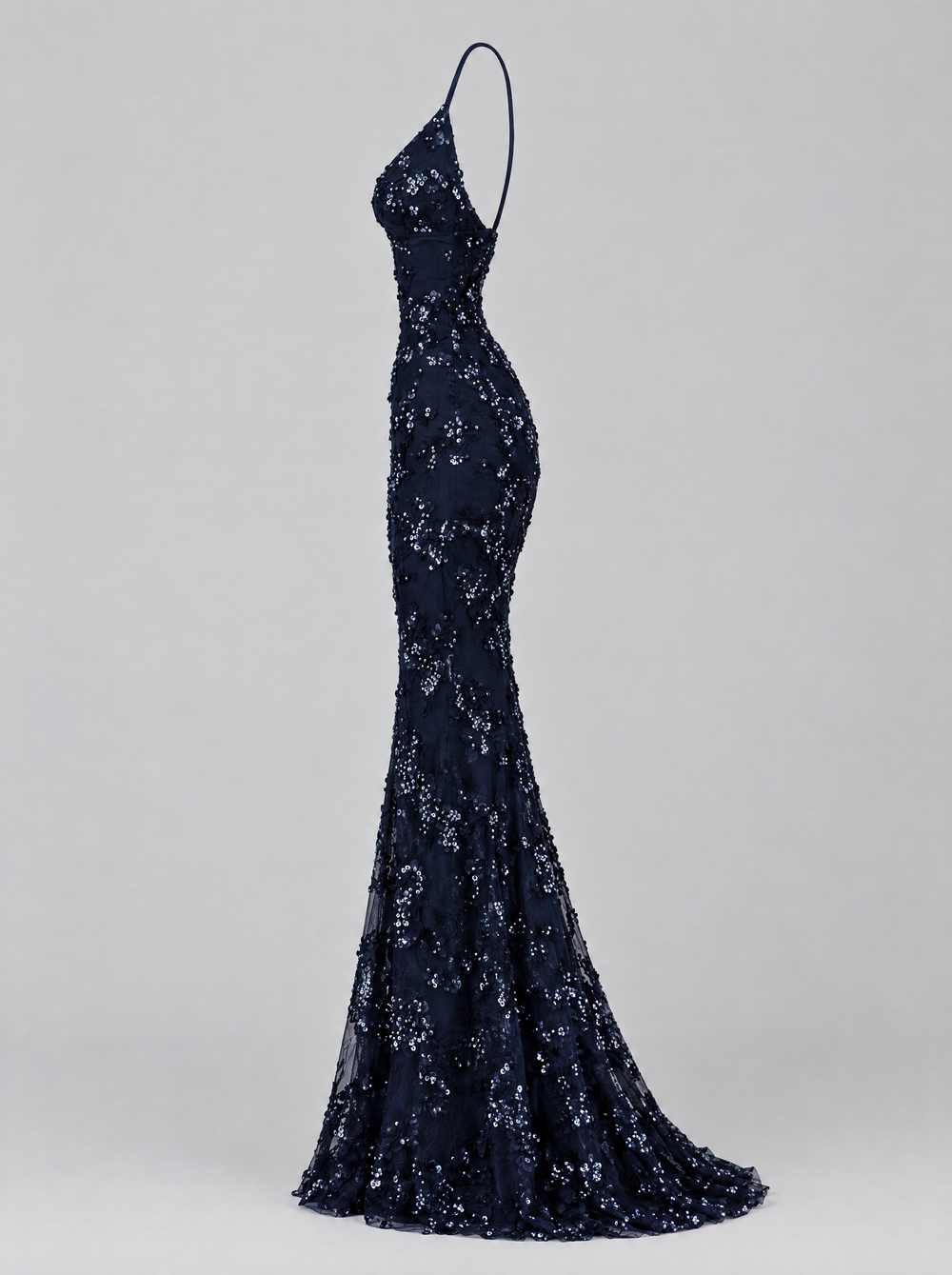 Vivienne long sequin dress, navy, side view