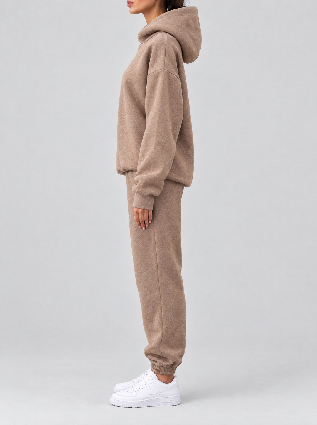Remi hoodie and joggers set, side view, light brown