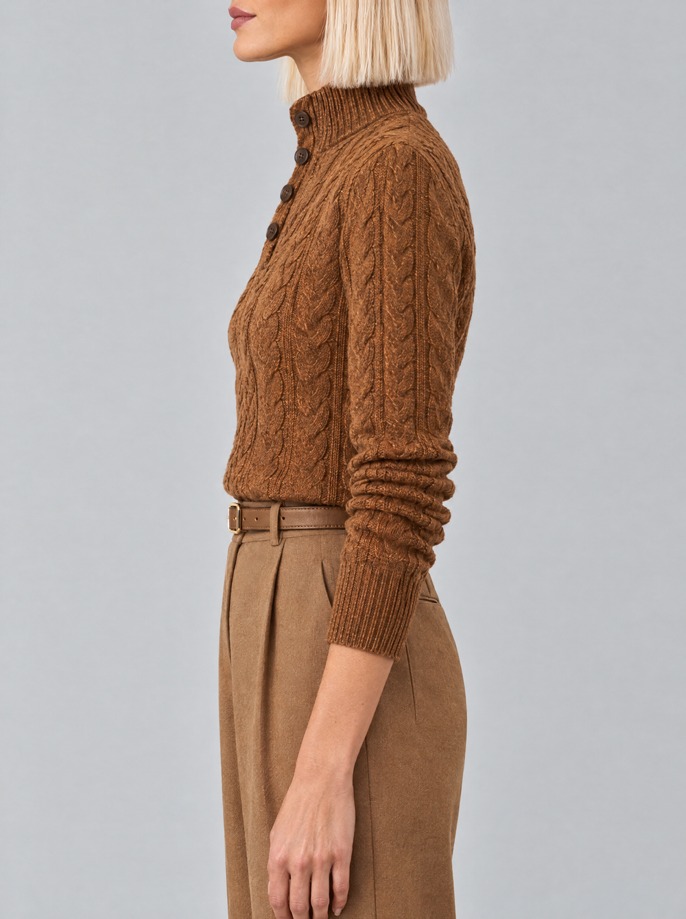 Arden cable knit sweater, side view, rust