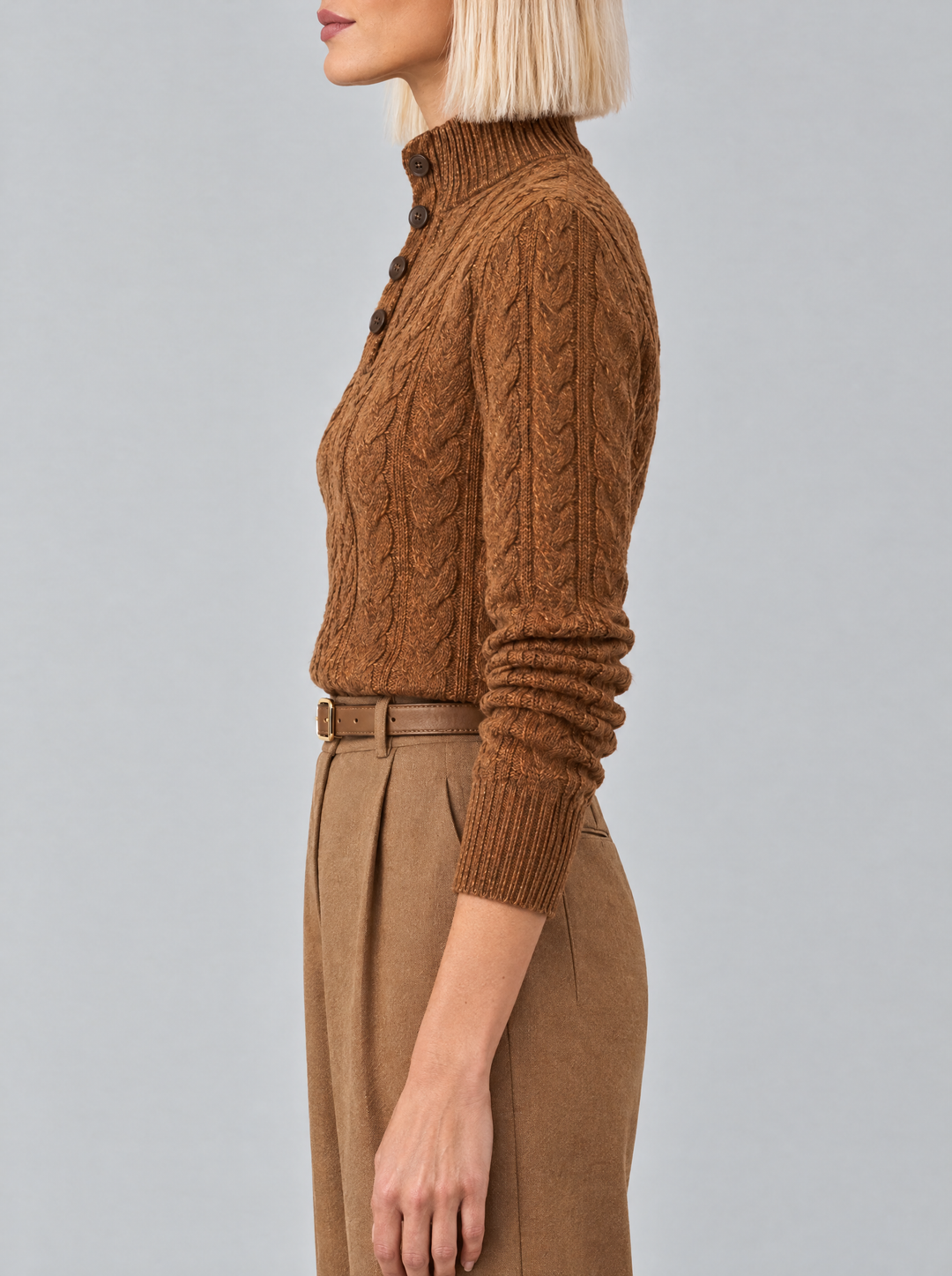 Arden cable knit sweater, side view, rust