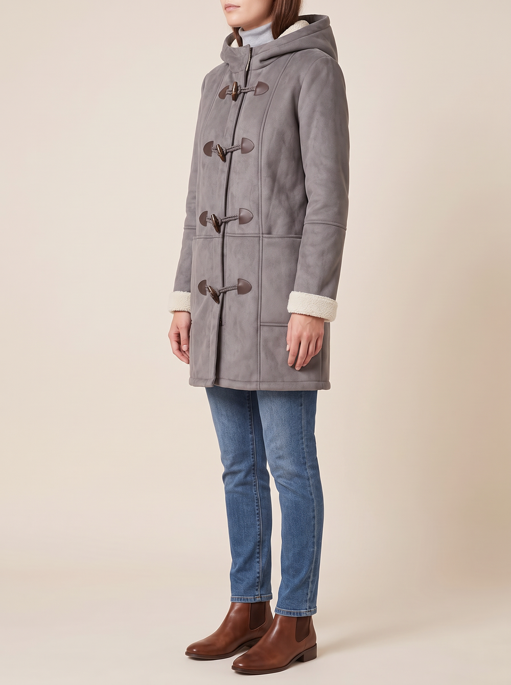 Bryn hooded duffle coat, side view, gray