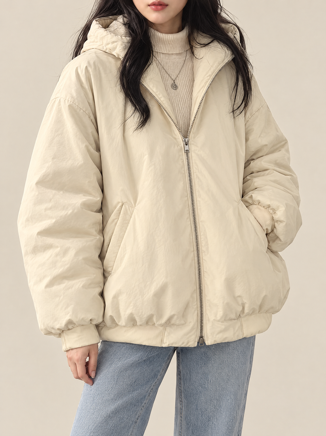 Juniper reversible hooded winter jacket, cream, front view