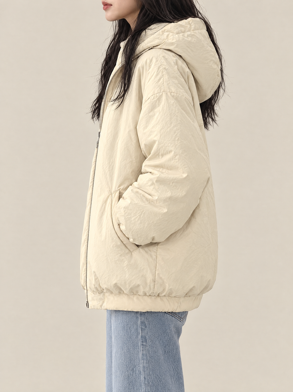 Juniper reversible hooded winter jacket, cream, side view