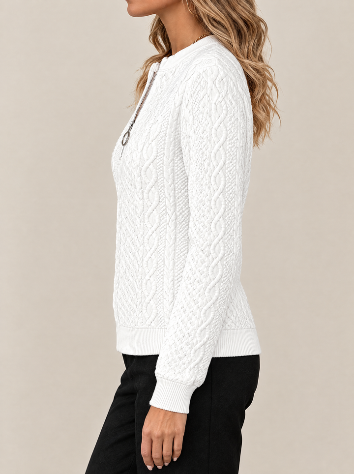 Briar cable knit zip neck sweater, side view