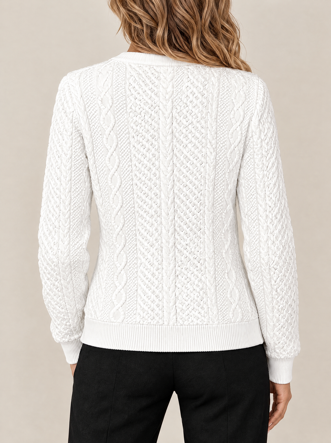 Briar cable knit zip neck sweater, back view