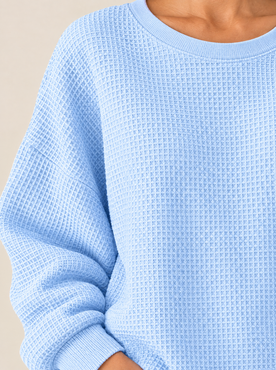 Molly waffle knit texture and crew neck, close-up, sky blue