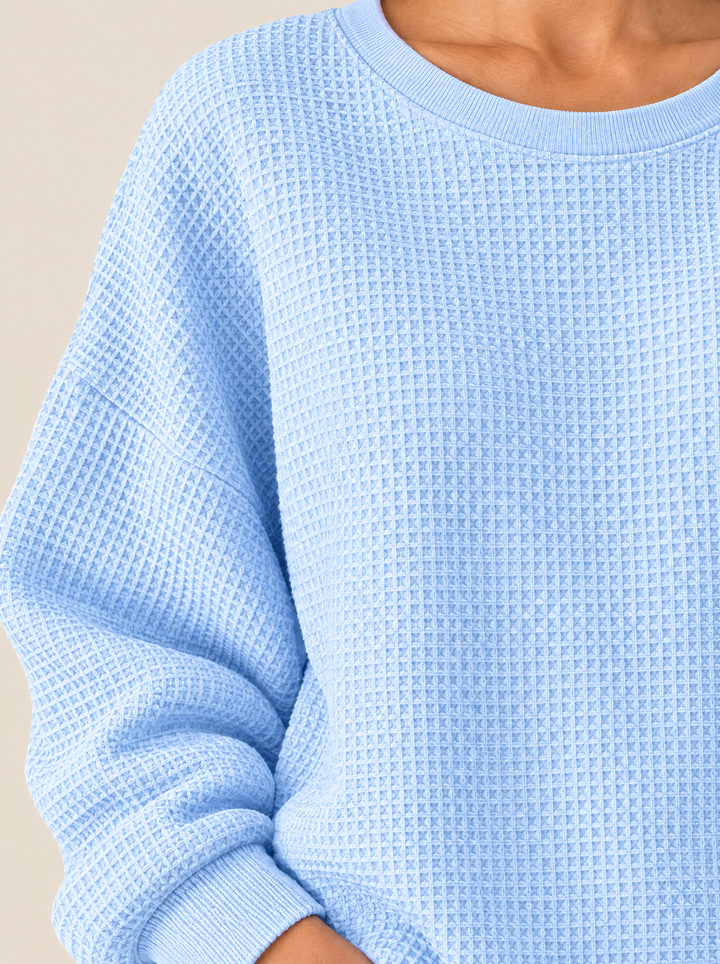 Molly waffle knit texture and crew neck, close-up, sky blue