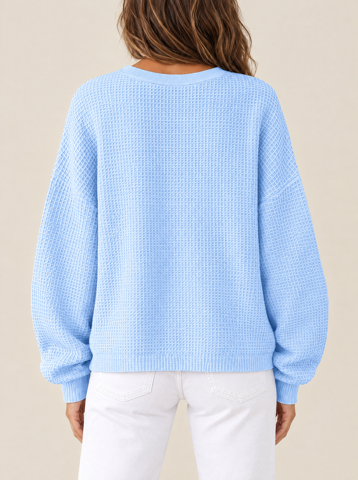 Molly waffle knit sweater, back view, sky blue