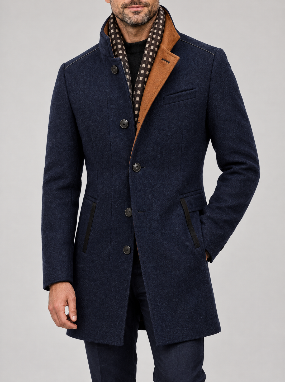 Hector men's stand collar overcoat with scarf insert in navy, front view