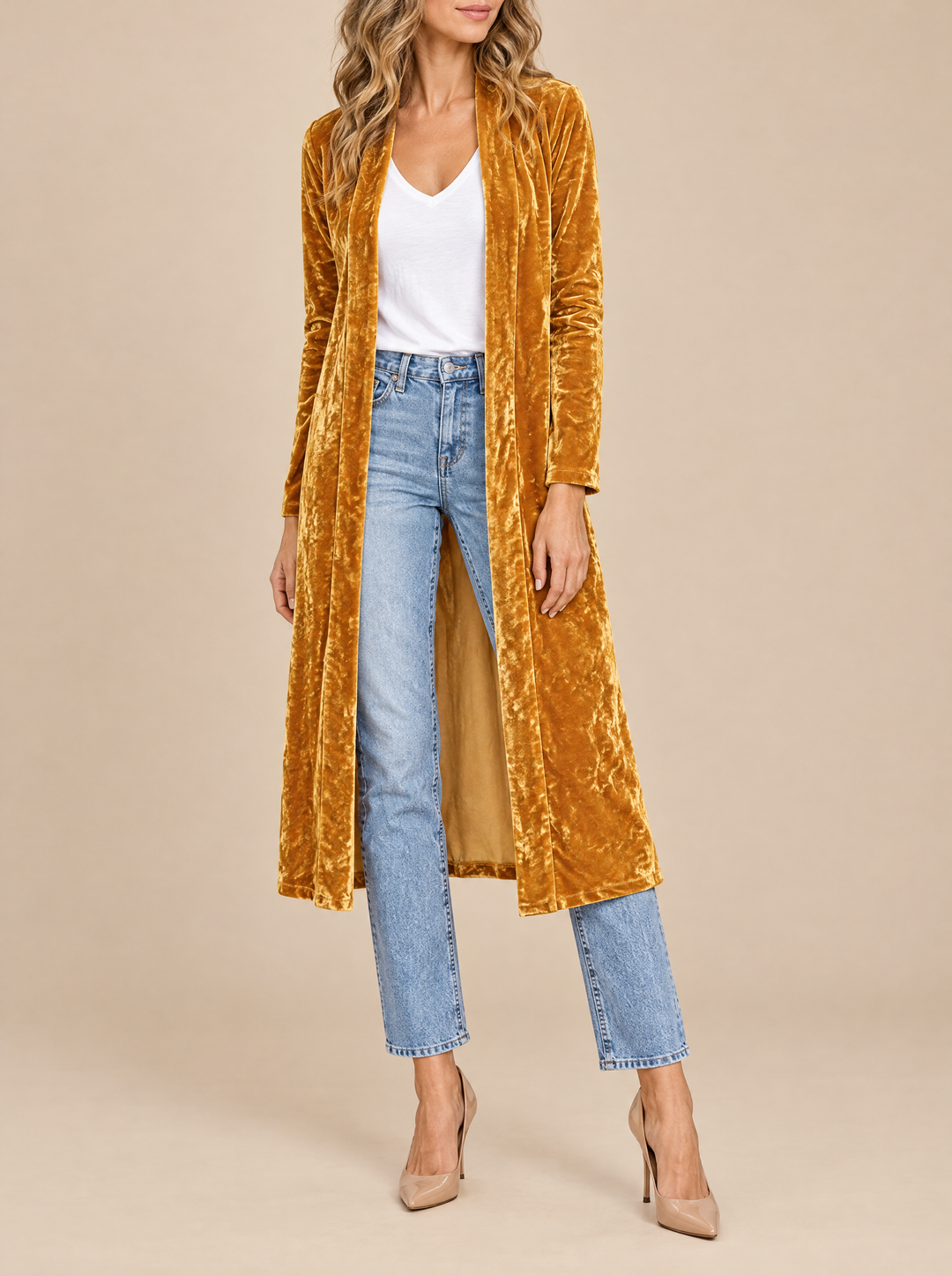 Ottilie long velvet coat with open front, gold