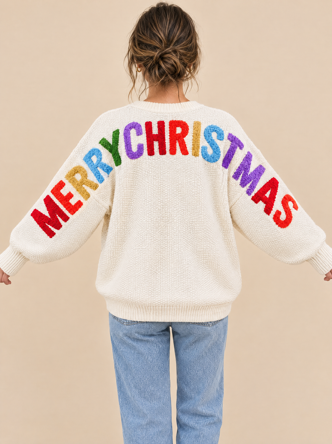 Winnie Merry Christmas lettering sweater cream, back view