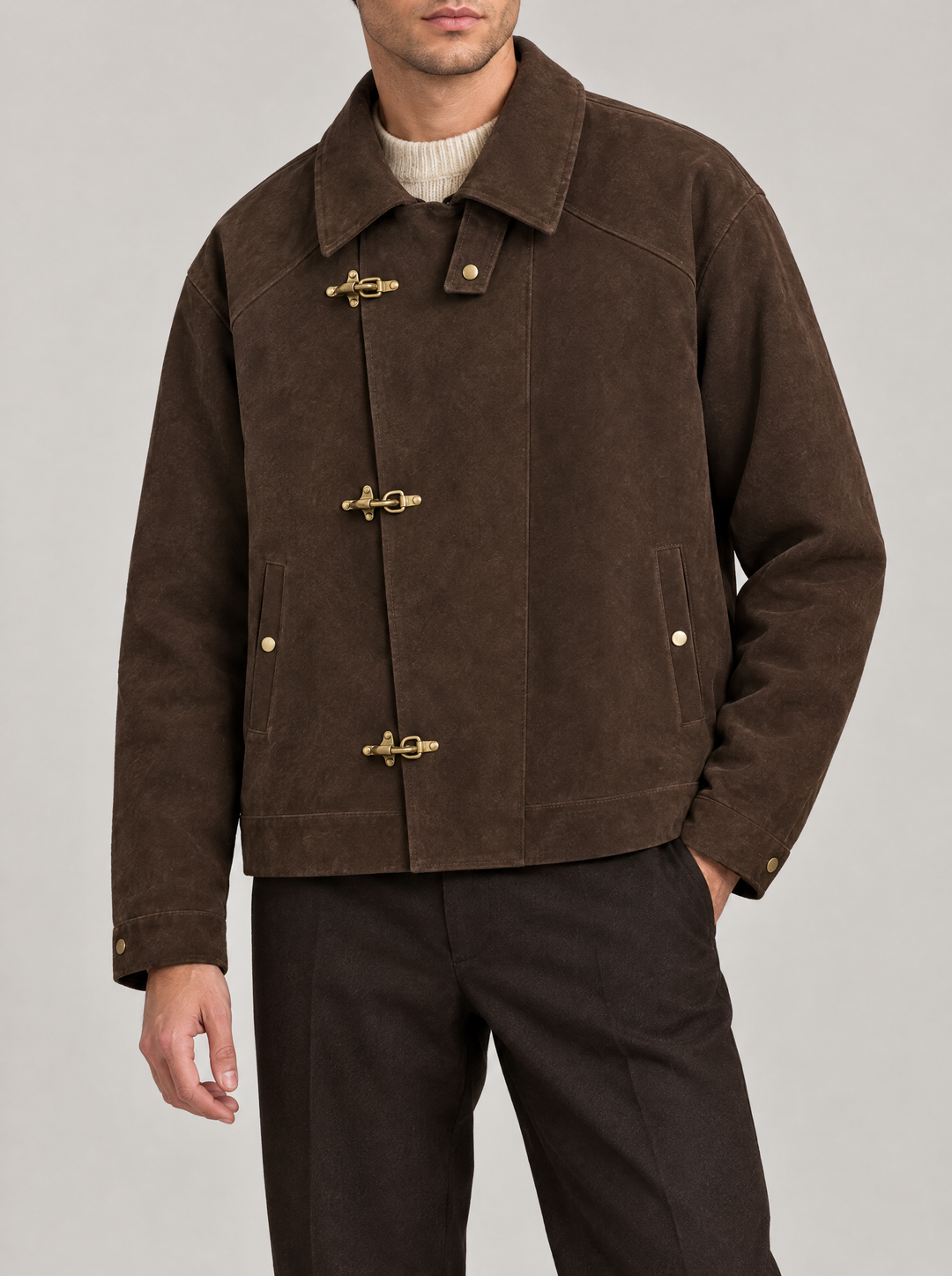 Rufus men's short toggle jacket in dark brown, front view