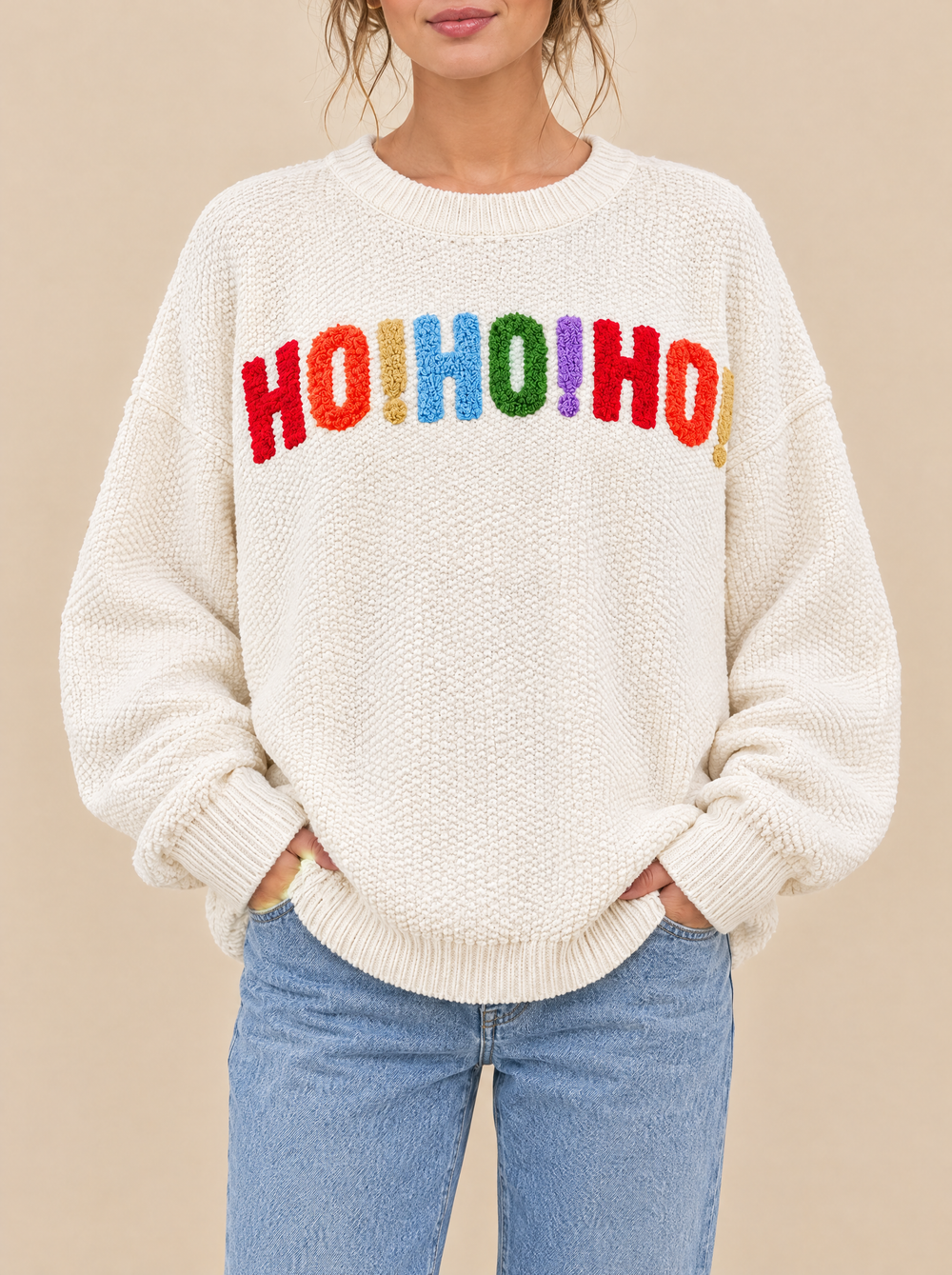 Winnie Christmas lettering sweater cream, front view