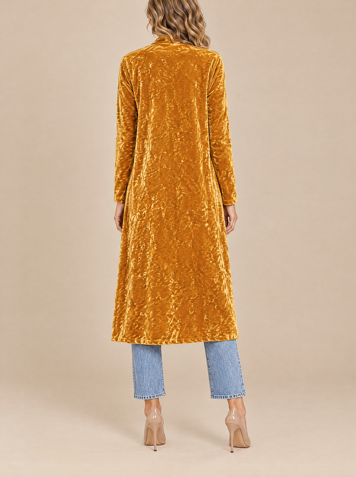 Ottilie long velvet coat, back view