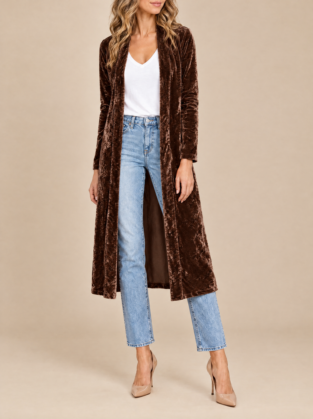 Ottilie long velvet coat, brown