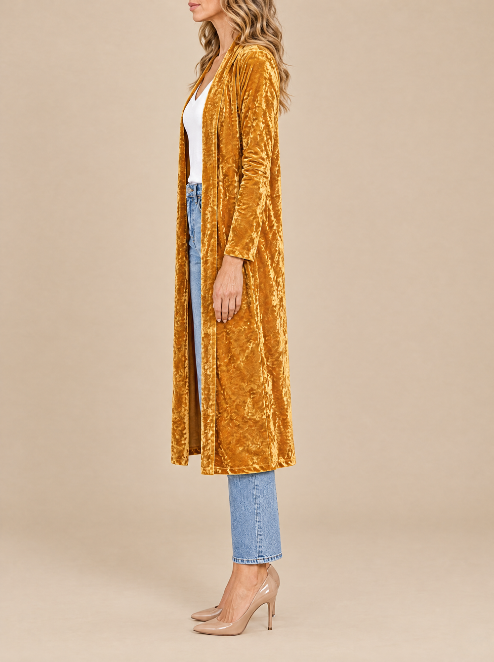 Ottilie long velvet coat, side view