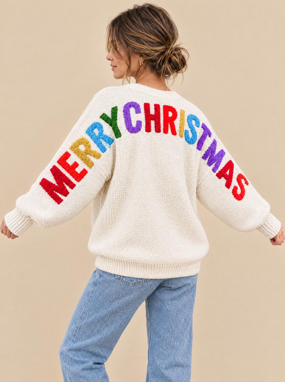 Winnie Christmas lettering sweater cream, side view