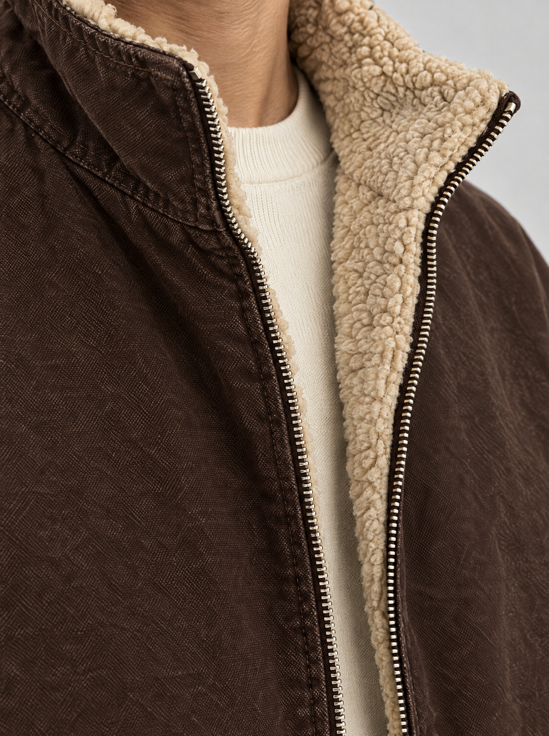 Callum jacket sherpa lining and zip, close-up