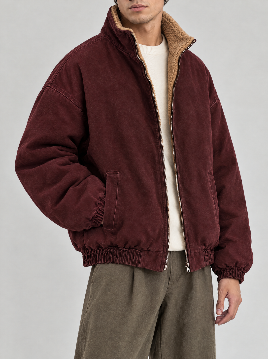Callum sherpa lined zip jacket in burgundy