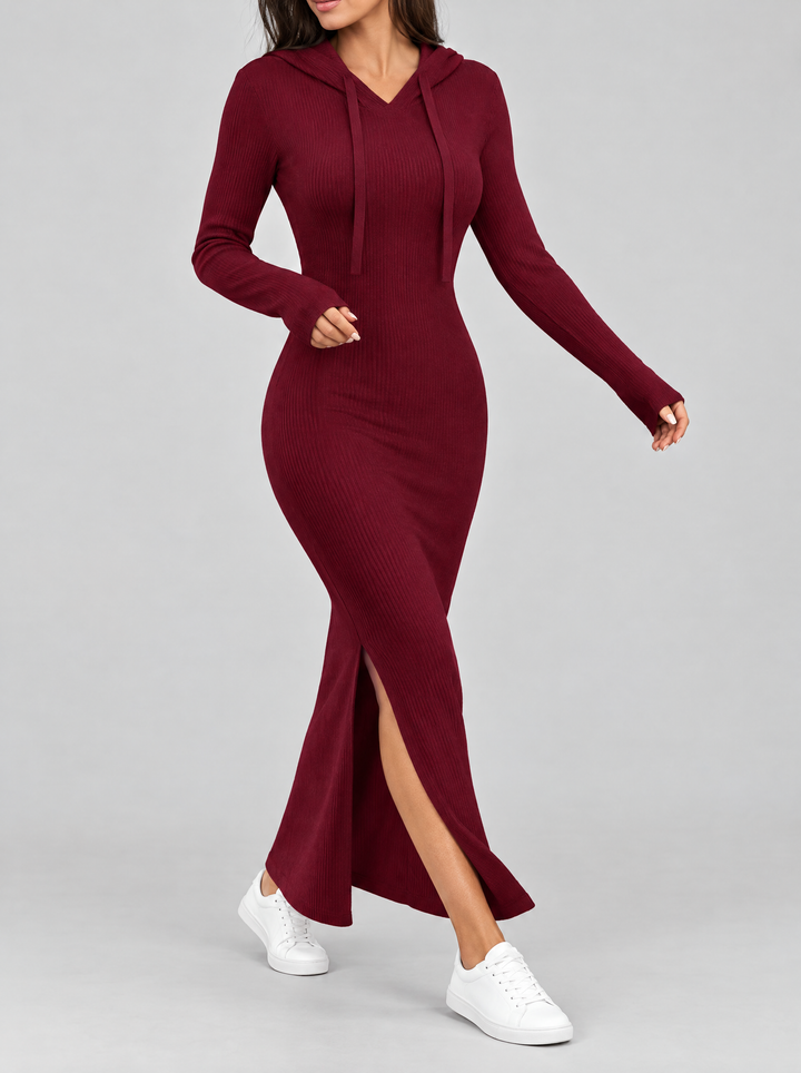 Bronte hoodie sweater dress with side slit in red, front view