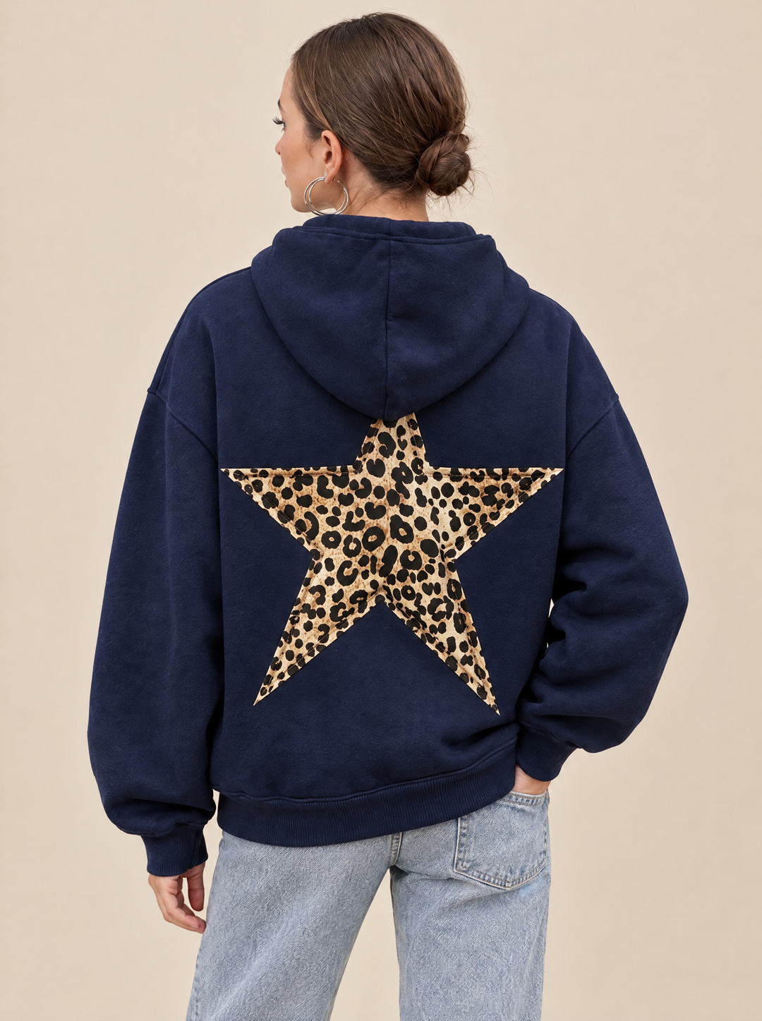 Esther oversized hoodie with leopard star back print, navy, back view