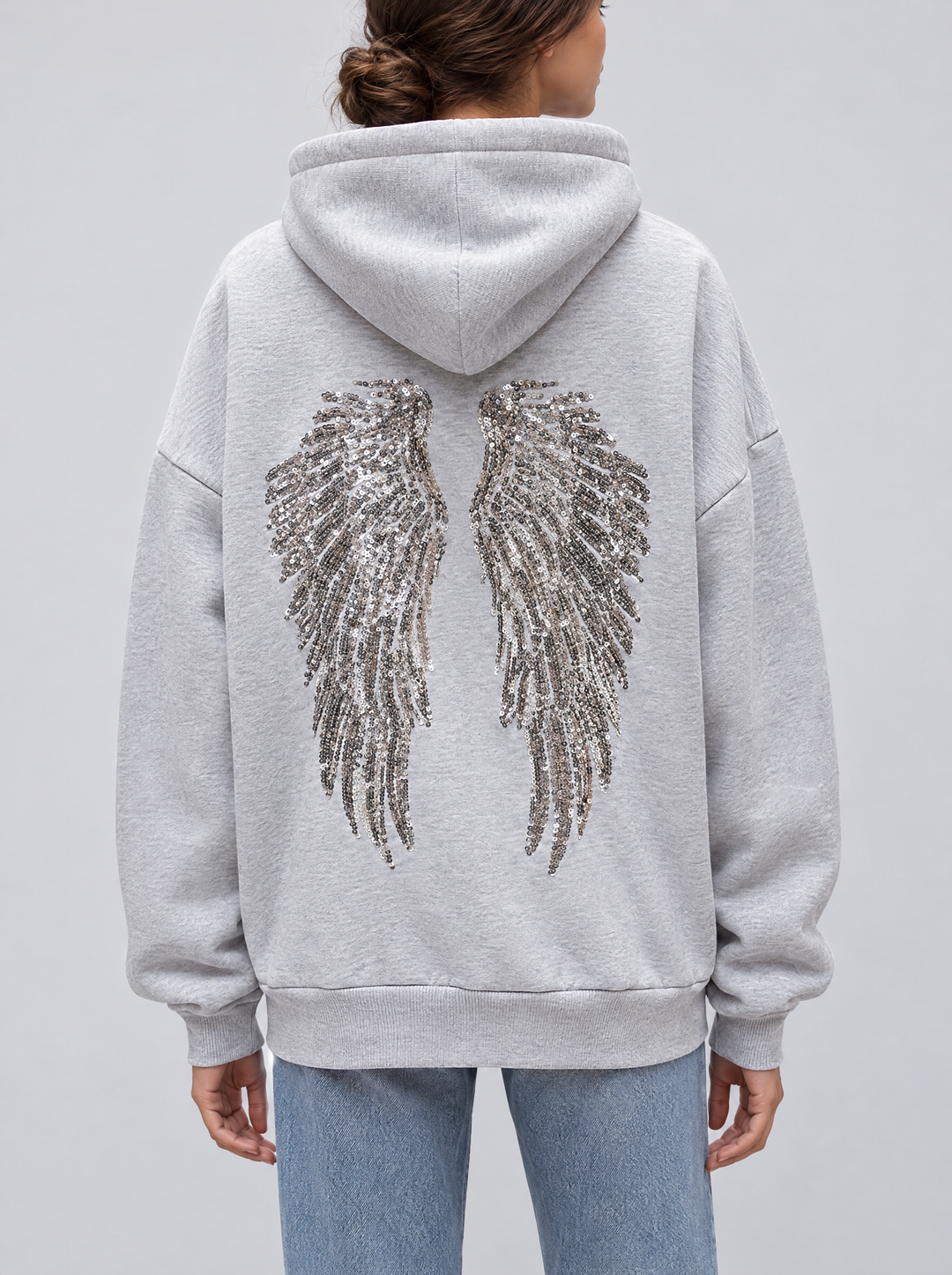 Seren oversized hoodie with sequin wing back in gray, back view