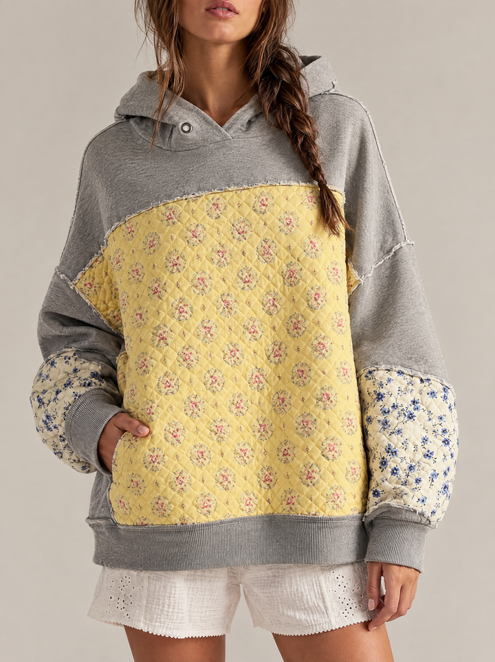 Clover floral patchwork hoodie with quilted panels, gray, front view