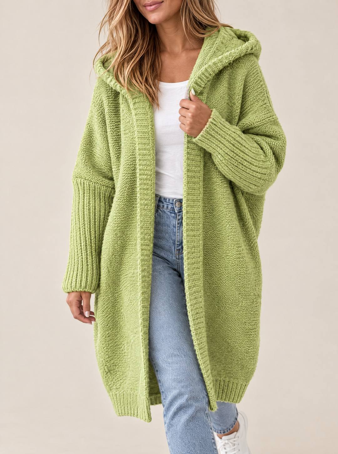 Odessa hooded open front knit cardigan, apple green, front view