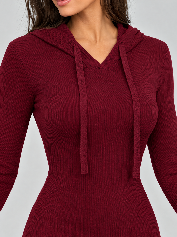 Bronte hoodie sweater dress, rib knit and hood detail view