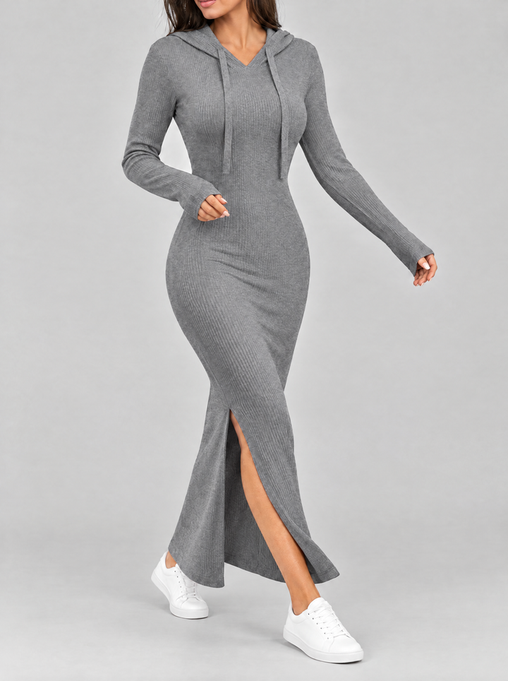 Bronte hoodie sweater dress in gray, front view