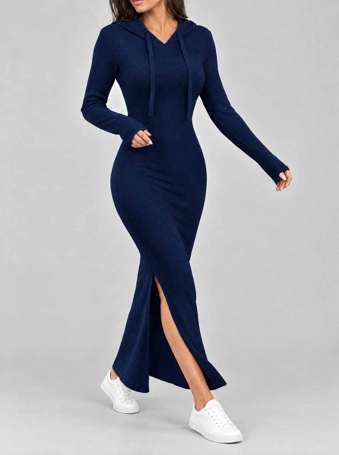 Bronte hoodie sweater dress in blue, front view