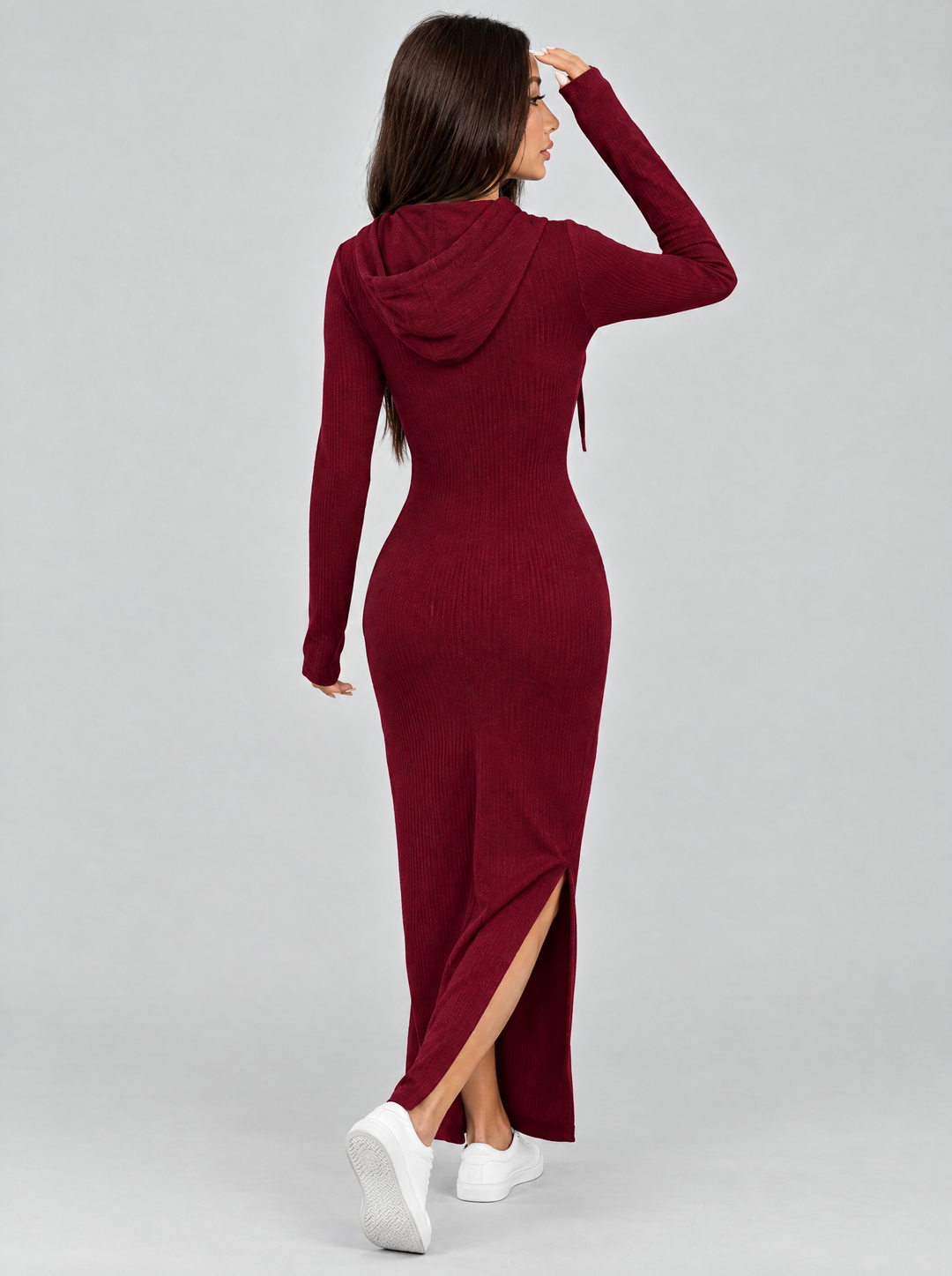 Bronte hoodie sweater dress in red, back view