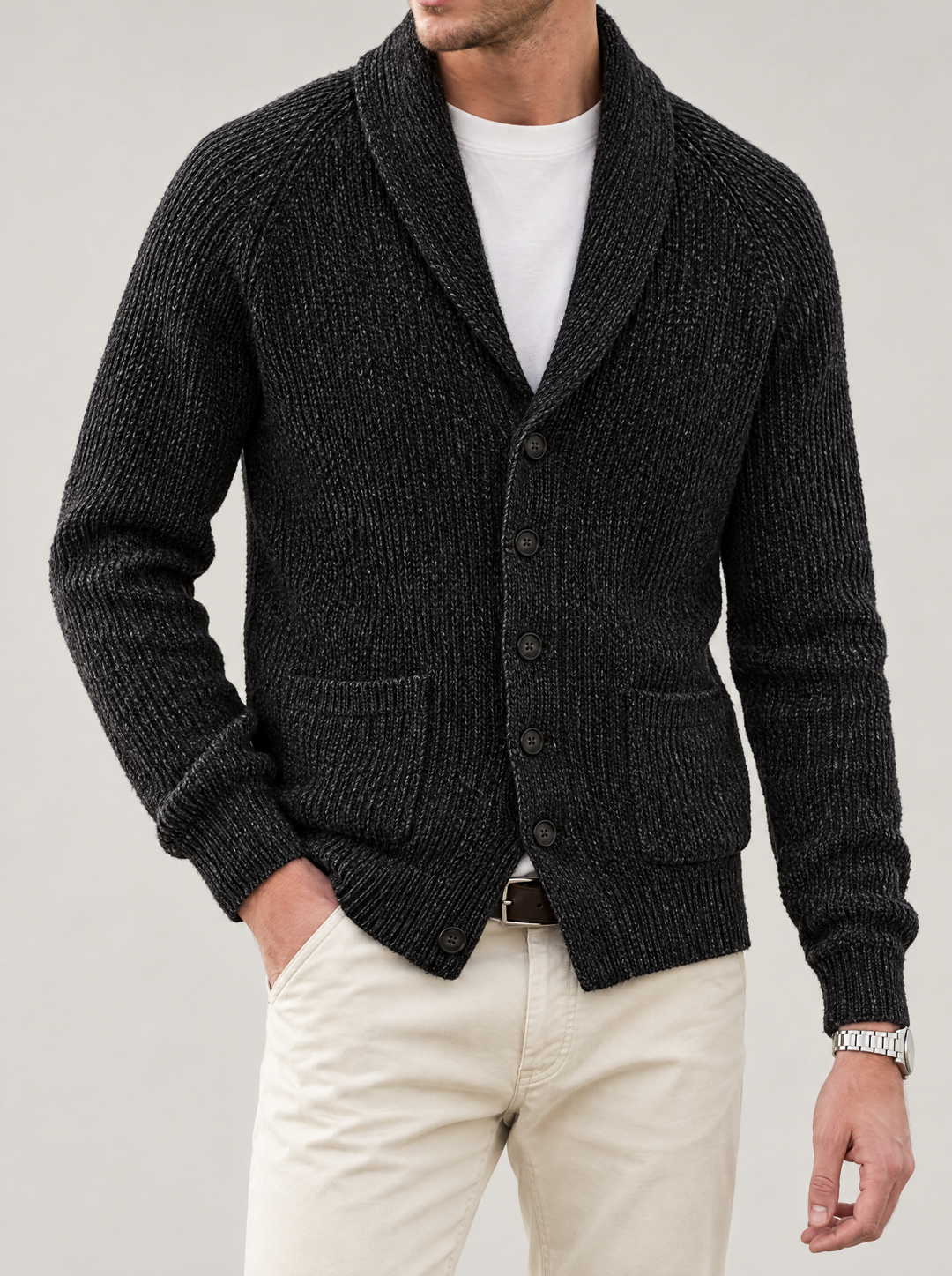 Finlay men's shawl collar knit cardigan black, front view