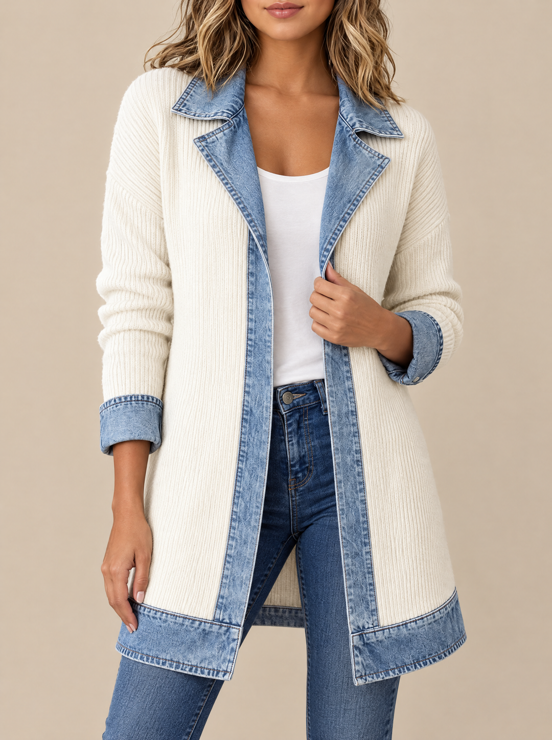 Hannah ribbed knit cardigan coat with denim collar, white, front view