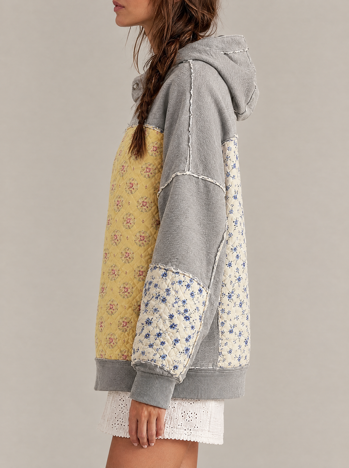 Clover floral patchwork hoodie, gray, side view