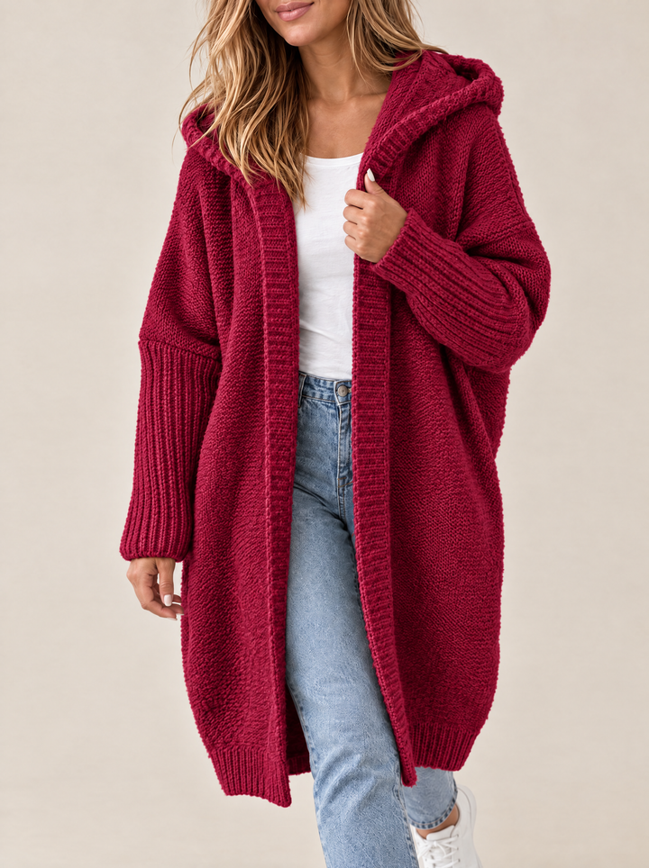 Odessa hooded open front knit cardigan, red