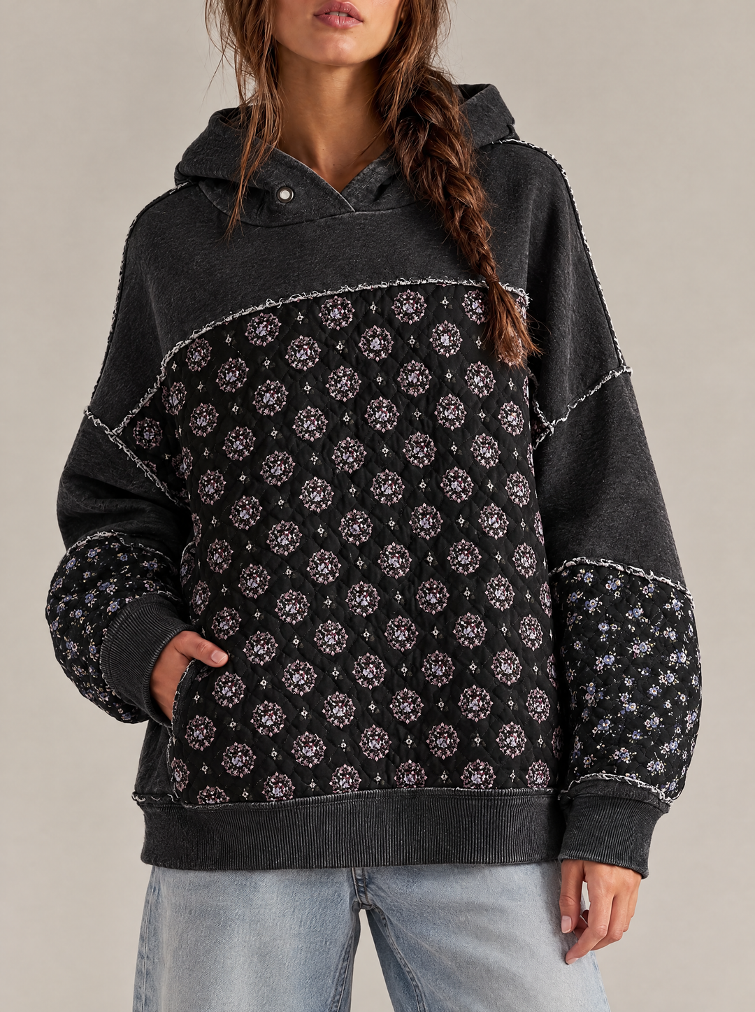 Clover floral patchwork hoodie with quilted panels, black