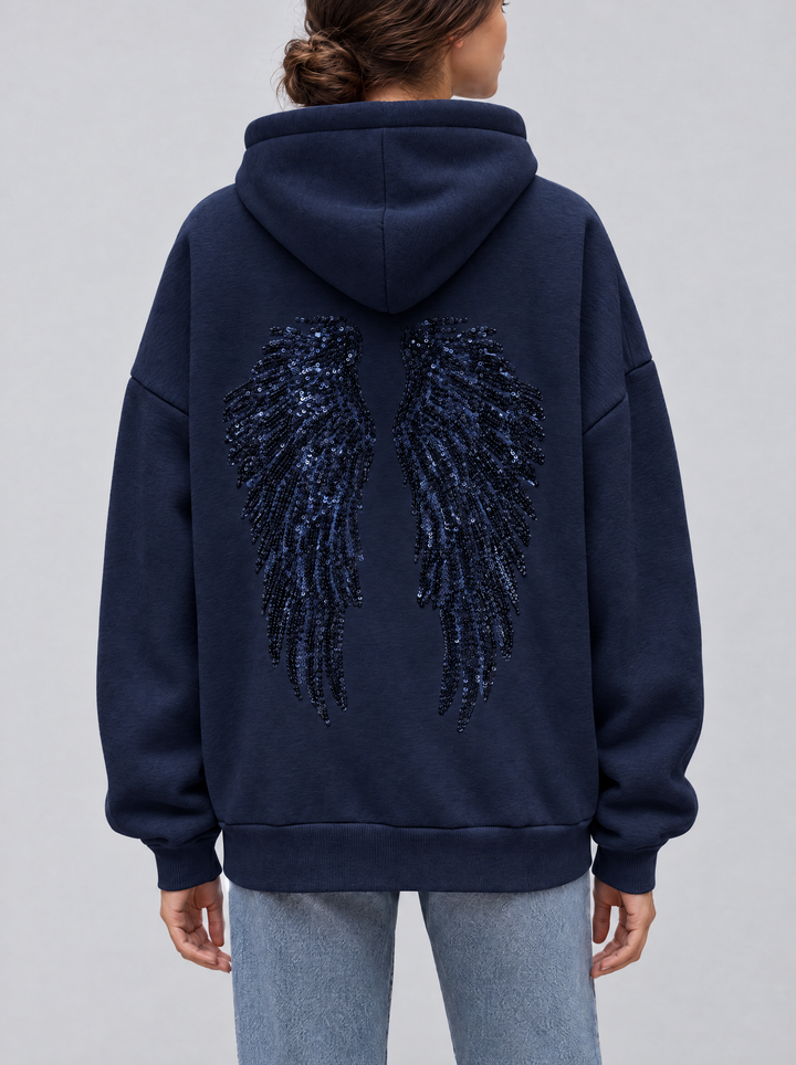 Seren sequin wing hoodie in navy, back view