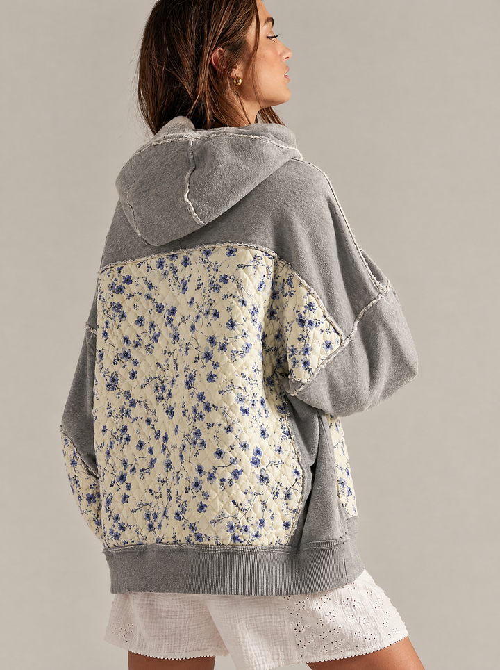 Clover floral patchwork hoodie, gray, back view